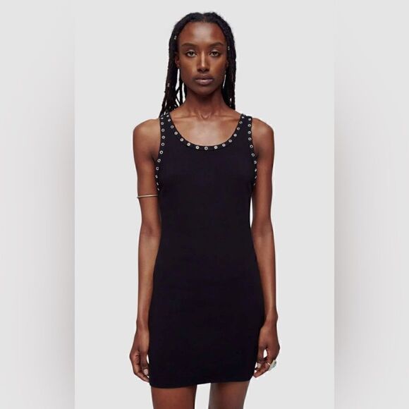 Revolve x RE/Done black Dress Eyelet Grommet Silver Metal Ribbed Cotton S. NWT - Picture 2 of 10